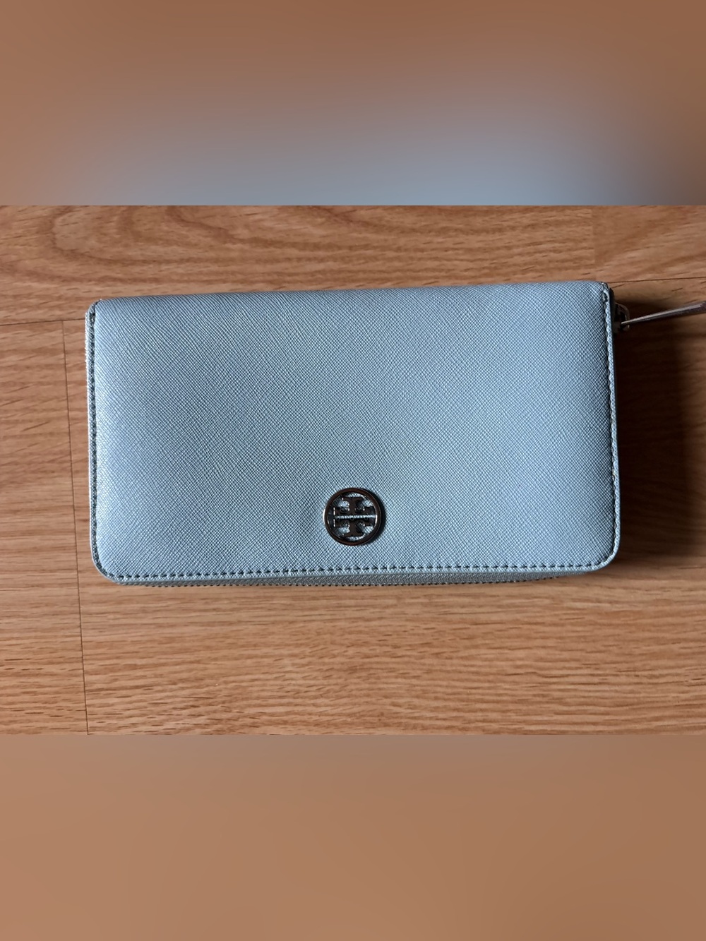 Tory Burch Light Blue Zip Wallet with real leather